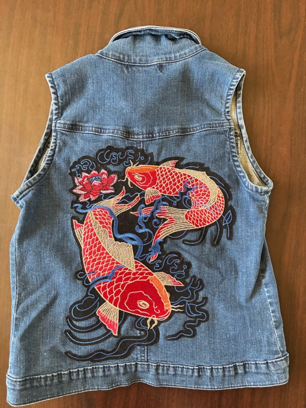 Denim Vest with Red Koi Embroidery - Stylish Fish Motif